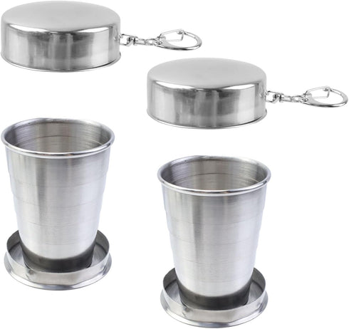 MY MIRONEY 2PCS Telescopic Stainless Steel Collapsible Cup, Portable Folding Shot Glass with Keychain and Lid (2.5 Oz)