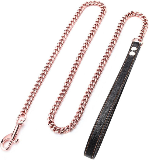 Rose Gold Dog Leash, 11mm Cuban Link Chain with Durable Stainless Steel Metal & Leather Handle, 3FT/4FT/5FT