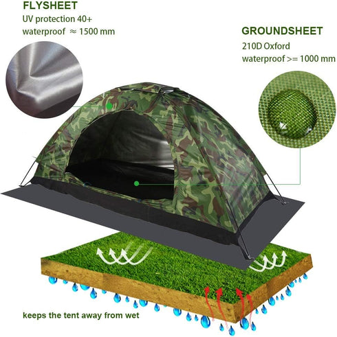 One Person Lightweight Camouflage Camping Dome Tent, Sturdy and Durable Outdoor Tent