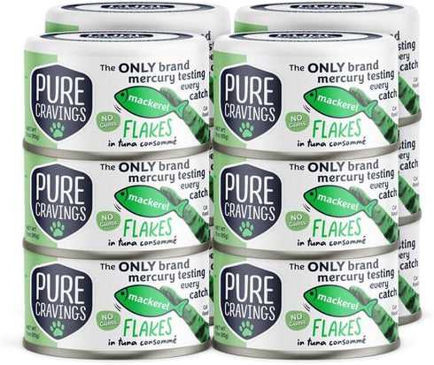 Mackerel Flakes in Tuna Consommé, Canned Wet Cat Food Soup, 100% Mercury-Tested, Grain-Free Protein, Non-GMO, 3oz, Pack