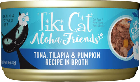 Tiki Cat Aloha Friends, Tuna, Tilapia & Pumpkin, Grain-Free Wet Cat Food for All Life Stages 3 oz. Cans (Pack of 12)