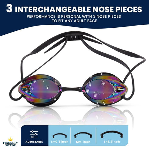 The Friendly Swede Swim Goggles - Anti Fog Swimming Goggles with Nose Pieces & Case