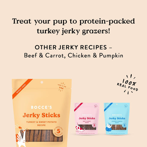 Bocce's Bakery Jerky Stick Dog Treats, Wheat-Free, Limited-Ingredients, High-Protein, Turkey & Sweet Potato, 4 oz,