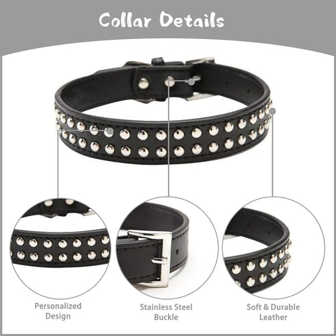 BINGPET Adjustable Leather Dog Collar, Real Split PU Leather, Studded Pet Collar for Small Medium Large Dogs