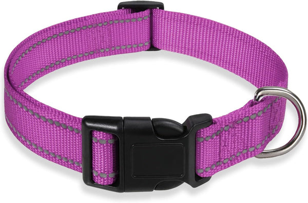 Reflective Dog Collar with Buckle, Adjustable Safety Nylon Collars for Small Medium Large Dogs, Purple S
