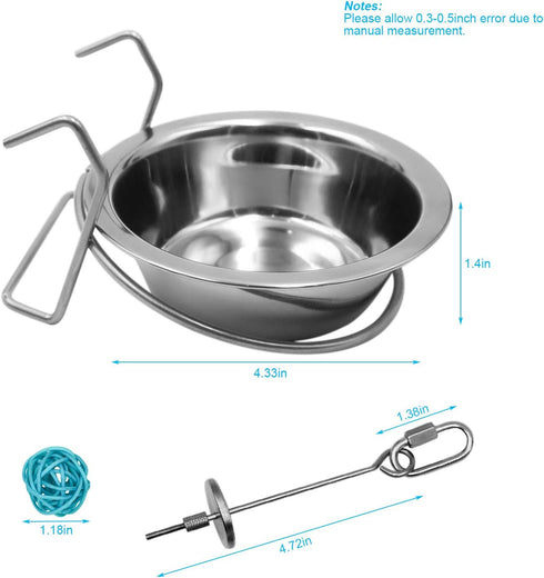 2 Pack Stainless Steel Bird Feeder Bowls, Coop Cups with Wire Hook, Parrot Feeding Dish for Finches Lovebirds