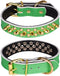Spiked Studded Dog Collar, Soft Genuine Leather, Adjustable for Small Medium Large Dogs (L fit Neck 14.5-18.5", Green)