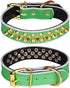 Spiked Studded Dog Collar, Soft Genuine Leather, Adjustable for Small Medium Large Dogs (L fit Neck 14.5-18.5", Green)