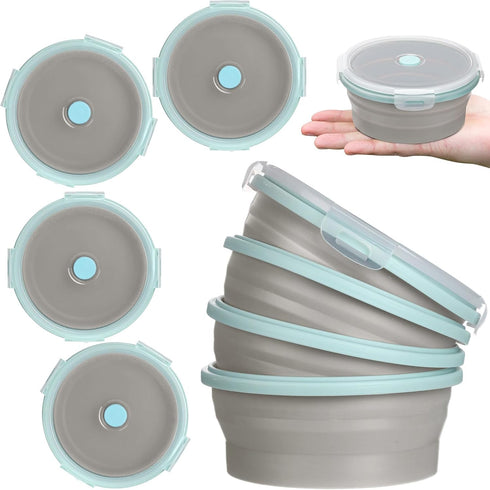 Suclain 4 Pcs Collapsible Silicone Camping Bowl Set, Expandable Food Storage Container, Blue Rim Gray, 12 oz