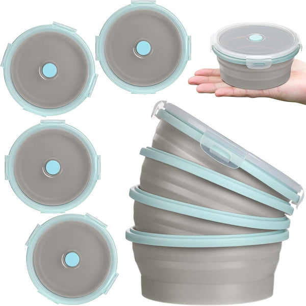 Suclain 4 Pcs Collapsible Silicone Camping Bowl Set, Expandable Food Storage Container, Blue Rim Gray, 12 oz