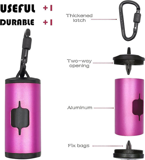 Metal Dog Poop Bags Holder Aluminum Poo Bags Dispenser with 15 Black Unscented Pet Waste Bags and 3 Leash Accessories for Dog Walking(1 Holder 15 Bags,Pink) by SHAOUMAN
