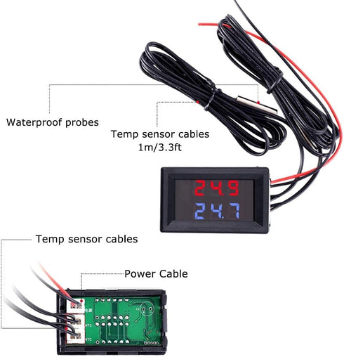 Icstation Digital Thermometer Car Auto Temperature Gauge Sensor DC 4-28V with 2 NTC Waterproof Probes