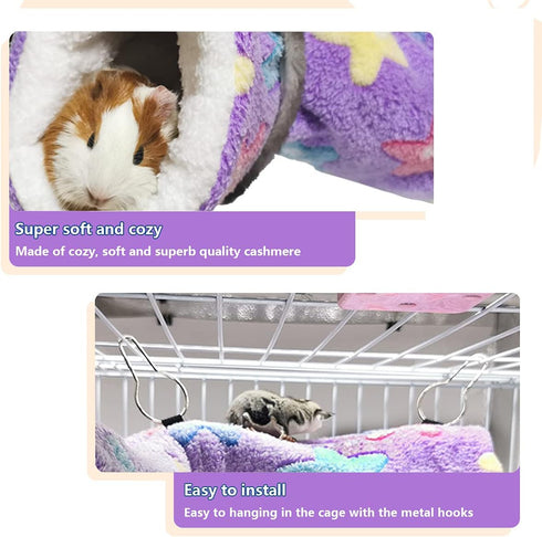 LEFTSTARER Guinea Pig Accessories - Tunnel and Hammock for Small Animals, Sugar Glider Cage Accessories (Purple-Star)