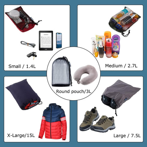 Nylon Stuff Sack Set, 5-Piece (1.4L/2.7L/3L/7.5L/15L) Drawstring Storage Sack for Travel Camping Backpacking, Assorted