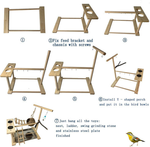 Hamiledyi Parrot Playground Bird Play Stand Natural Wood Parrot Perch Gym with Feeder Cups Cockatiel Nest with Ladder