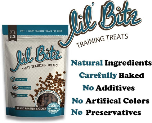 Lil' Bitz Flame Roasted Chicken Training Treats - Low Calories, Grain Free, 3 Pack for All Dog Breeds