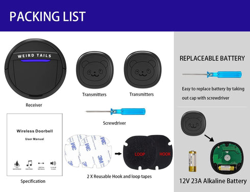 IP55 950 55 5 (1 2 Wireless Doorbell, Dog Bells for Potty Training Waterproof Doorbell Chime Operating at Feet