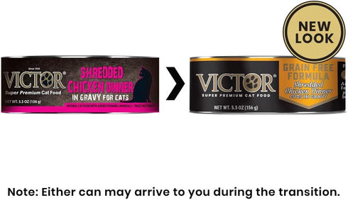 Super Premium Cat Food by Victor, Grain Free Shredded Chicken Dinner Cuts in Gravy, 24 x 5.5 oz Cans