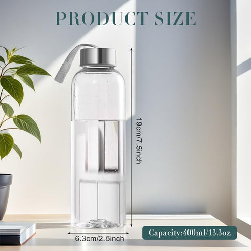 VANTOBEST 420ml 14.2oz Clear Glass Water Bottle with Stainless Steel Cap and Carrying Loop Refillable Sports Drinking