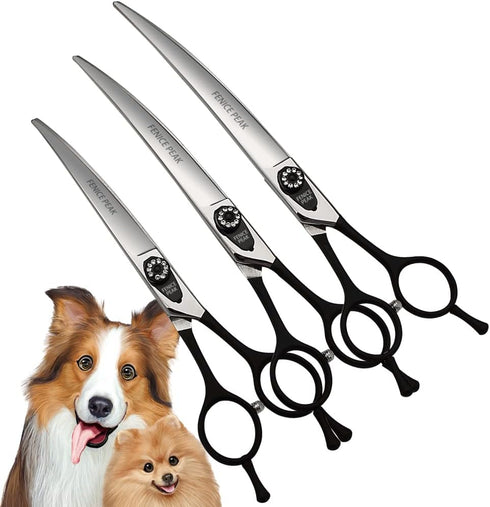 Fenice 8.0 inch Dog Grooming Curved Scissors - Jeweled Screw, Japan 440C Stainless Steel, Sharp Blade for Right Handed