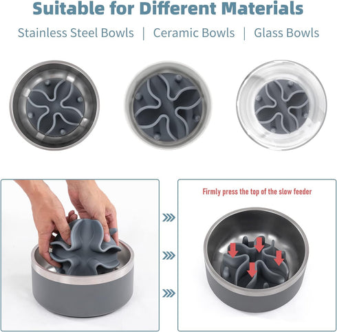 Jaoul Slow Feeder Dog Bowls Insert, Puzzle Feeder with Octopus Suction Cups, Medium (4.72 inch), Grey