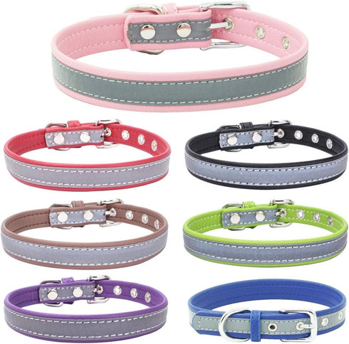 Reflective Dog Collar, High Bright Safety Synthetic PU Leather for XS Small Medium Large Dogs and Kittens (Black, XS)
