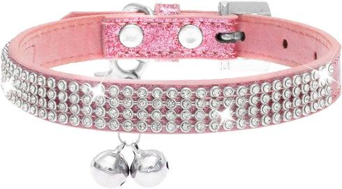 PUPTECK Basic Adjustable Cat Collar with Bling Diamond and Double Bells, for Kitten and Small Puppy, Pink, 10-13 in