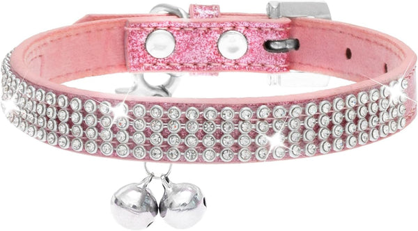 PUPTECK Basic Adjustable Cat Collar with Bling Diamond and Double Bells, for Kitten and Small Puppy, Pink, 10-13 in