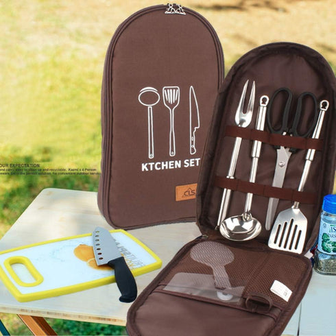 NatSumeBasics Portable Travel Bag Organizer for Camping Cooking Utensils, BBQ Kitchen Kit (1pc Brown Bag)
