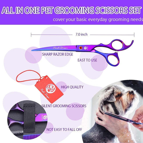 7.0 inch 4PCS Set Purple Dragon Professional Pet Grooming Scissors Kit Japan Premium Steel Straight & Curved & Thinning
