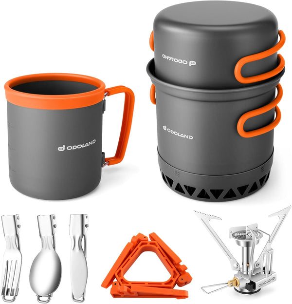 Odoland Camping Pots with Heat Exchanger, Camping Cooking Set with Portable Stove, Mess Kit for Hiking & Picnic