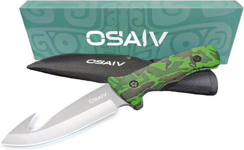 Fixed Blade Hunting Knife, Full Tang Stainless Steel Camping Knife with Gut Hook Edge, Green Wooden Handle, Sheath
