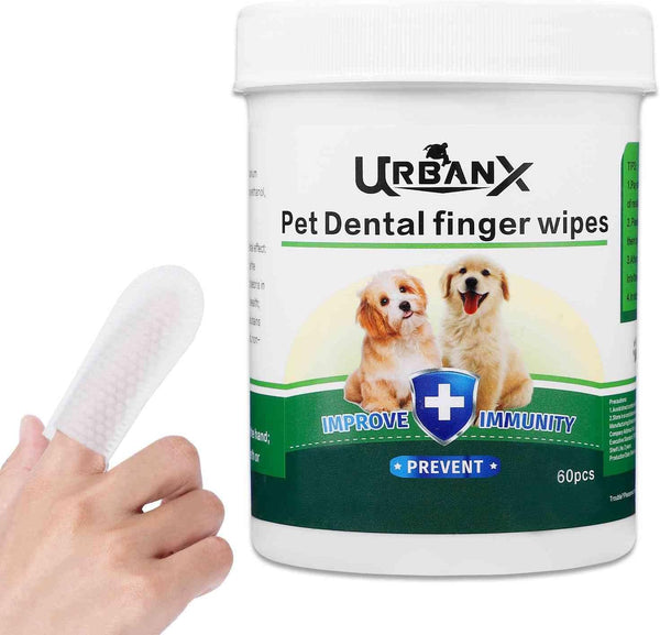 UrbanX Teeth Cleaning Wipes for Aussiedoodle and Mixed Breed Dogs, No-Rinse Disposable Finger Toothbrush, 60 Count