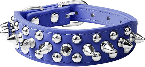 Spiked Dog Collar, Soft PU Leather with Mushrooms Rivet Spike Studs, Adjustable for Small Breeds (XS, Dark Blue)