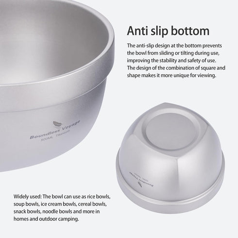 (500ml) Boundless Voyage Titanium Double Walled Bowl - Ultralight Portable Tableware for Oatmeal, Rice, Soup, Yogurt