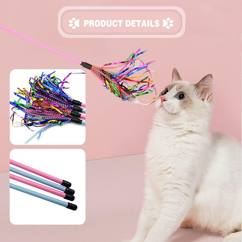 Cat Toy Wand 2PCS Interactive Feather Toy with Sound Paper Tassels, Pink+Blue
