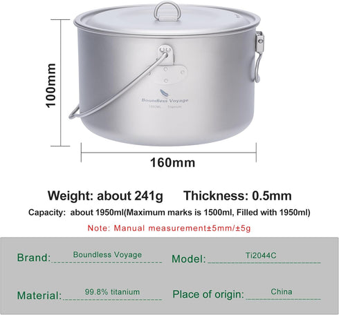 iBasingo Outdoor Titanium Pot with Lid, Folding Handle Camping Cookware for Hiking Picnic, Ultralight Bowl Tableware