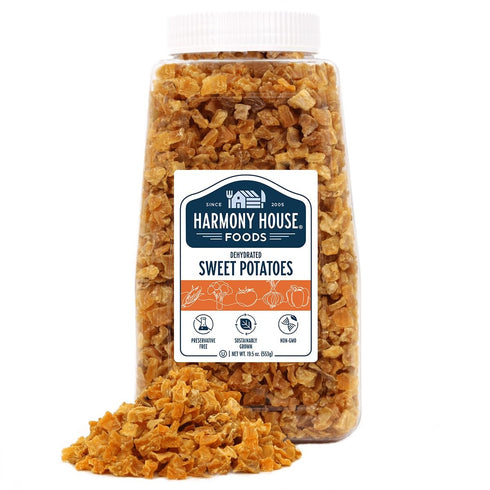 (19.5 oz, Harmony House Foods Dried Sweet Potato, diced Quart Size Jar) for Cooking, Camping, Emergency Supply