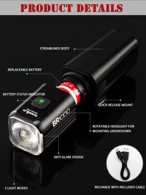 TOWILD BR1000 Bike Lights, 1000 Lumen Lightweight Front Light for Night Riding, Rechargeable Battery, Compatible with
