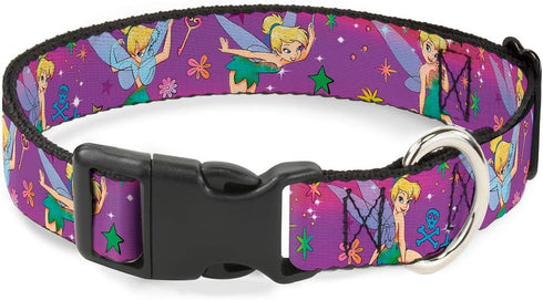 Buckle-Down Plastic Clip Collar, Tinker Bell Poses/Flowers/Stars/Skull Purple, 1/2" Wide, Fits 6-9" Neck, Small