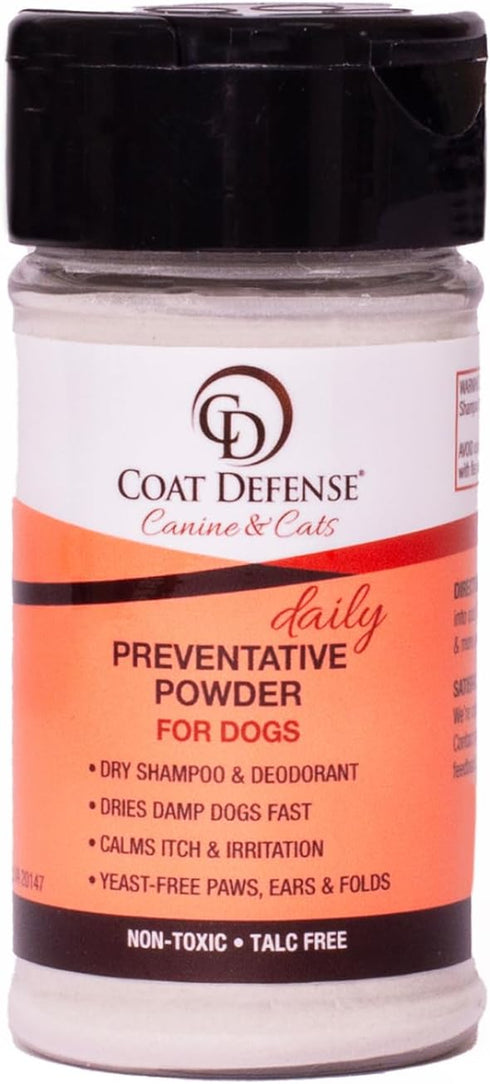 COAT DEFENSE Preventative Powder, 3.5oz Waterless Dog Shampoo & Deodorizer for Smelly Dogs, Made in USA