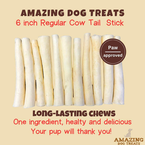 Amazing Dog Treats - Cow Tail Dog Chews (6 Inch Regular - 6 Pack) - Sourced from 100% Grass Fed Cattle - All Natural - Long Lasting Chew for Dogs - Rawhide Alternative for Dogs