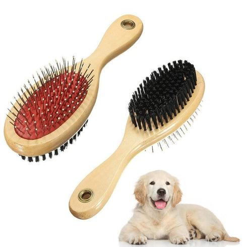 Wooden Dog Brush Double Sided, Pet Hair Grooming Brush for Dogs & Cats, Pin and Bristle Soft Brush for Cleaning
