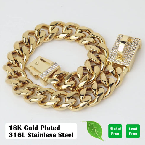 New Gold Dog Chain Collar with Secure Buckle - 15MM Stainless Steel Cuban Link - Luxury Necklace for Small Medium &