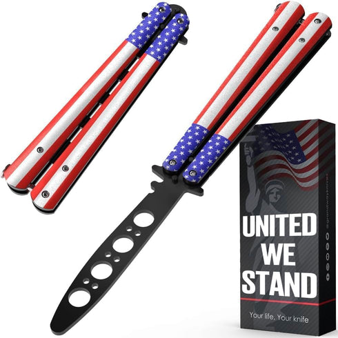 GOOD WORKER American Patriot Butterfly Trainer, Practice Balisong Knife with Dull Blade, USA Flag Design