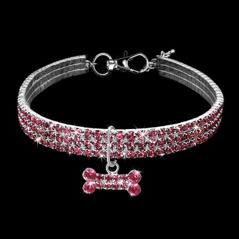 Dogs Kingdom Amazing 3 Rows Rhinestones Necklace Pet Collar, Bling Bone Jewelry for Cat Dog Wedding Accessories, Red,