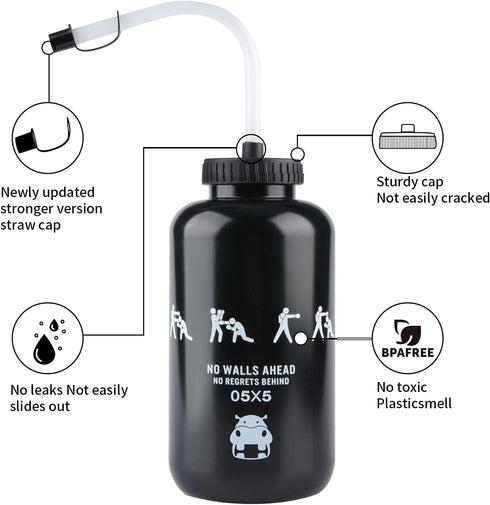 SHOKE Long Straw Water Bottle, 1 Liter, BPA Free Squeeze Leak Proof Sports Bottle, Black