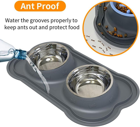 Dog Bowls Stainless Steel Slow Feeder Set with Silicone Mat-100% Waterproof BPA Free Cat and Dog Food Bowls No-Spill and Non-Skid-Pet Feeder Water Bowls for Puppy Medium Dogs Cats