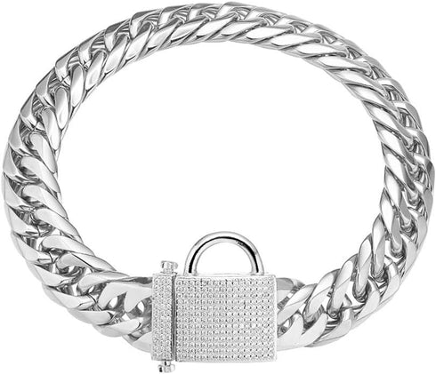 Heavy Double Cuban Link Chain Dog Collar, Stainless Steel Silver for Medium Large Dogs, Waterproof, Chewproof, Luxury