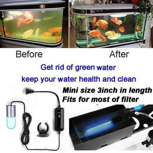 Mini 3W Timer Aquarium &UV-C Water Clean Light Aquarium Algae Clean Light Water Green Clean Fish Tank Water Clean Lamp for Sump Pond Filter Tank by JackSuper